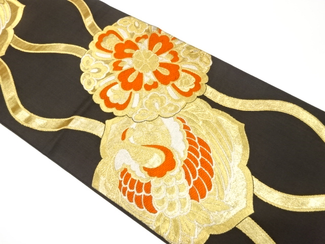 JAPANESE KIMONO / ANTIQUE FUKURO OBI / SILK / WOVEN CRANE & FLORAL CREST